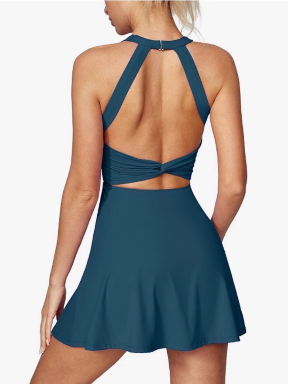 Slate Blue TEAL Athletic Tennis Dress Built In Shorts Open Back